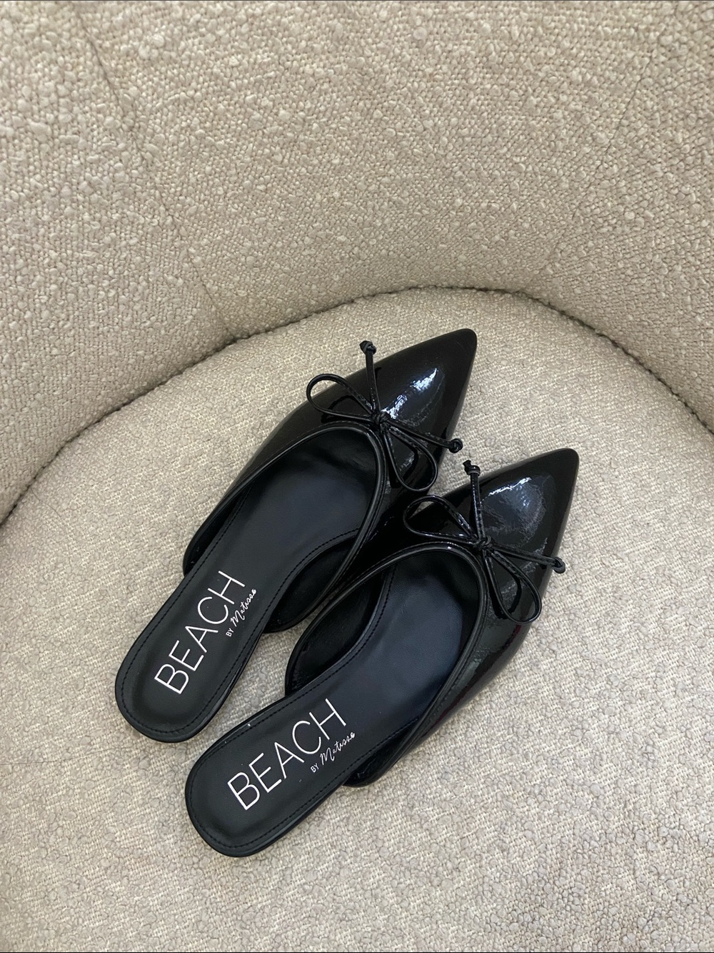 In Box Matisse Black Patent Pointed Toe Bow Mules